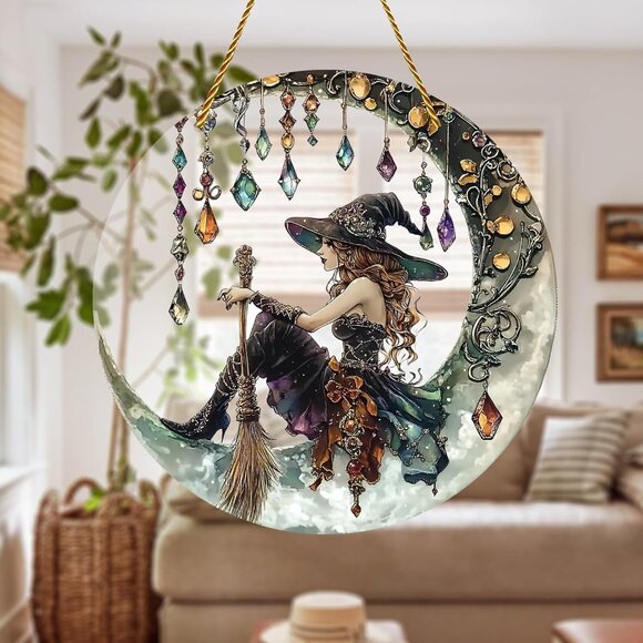8x8 inch Charming Moonlight Witch Acrylic Stained Glass Window Hanging Sun Catch - Picture 5 of 6